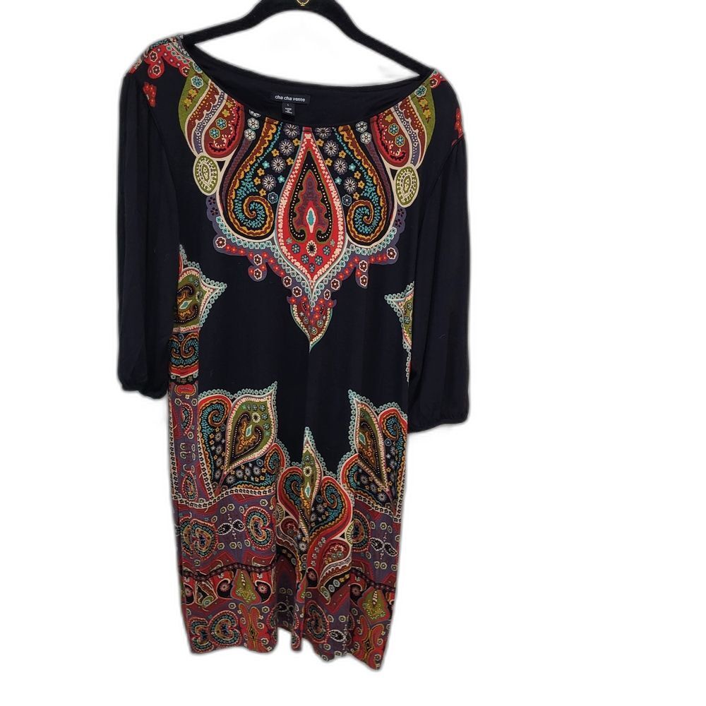 Paisley Print Black Long Top / Tunic / Dress - Large